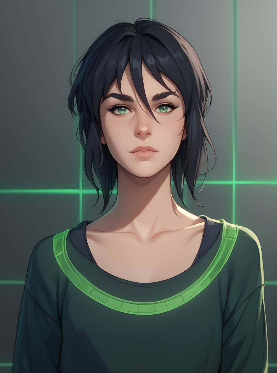 score_9, score_8_up, score_7_up, 1girl, cartoon, western animation, looking at viewer, flat colors, floating in cyberspace, <lora:laurielpxl:1>, laurielpxl, dark hair, green grid