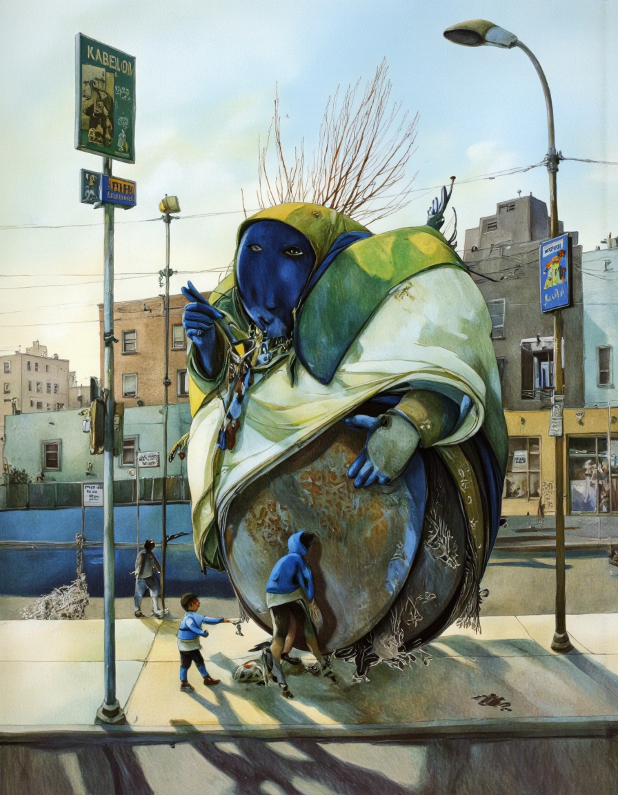 By Rébecca Dautremer. A surreal illustration shoot from a front camera angle about a surreal scene depicting a large, insect-like creature with a hooded cloak and a small boy standing in front of it. the creature is positioned in the middle of the image, with the boy standing on its hind legs, looking up at it with a curious expression. the boy is wearing a blue hoodie and appears to be looking down at the creature. the scene is set in an urban setting with a cityscape in the background, featuring tall buildings and a few signs, including a "Kabel" sign, and a streetlight casting a long shadow on the ground. the overall color palette is vibrant and colorful, with a mix of blues, greens, and yellows, creating a sense of depth and atmosphere.