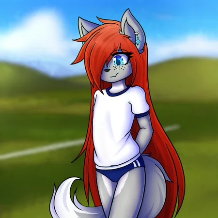 K4yl4_K1tsun3,1girl,solo,furry,furry female,very long hair,multicolored hair,orange hair,pink hair,streaked hair,hair over one eye,wolf ears,earrings,blue eyes,freckles,snout,animal nose,body fur,two-tone fur,wolf tail, buruma, gym uniform, white shirt, outdoors, track meet