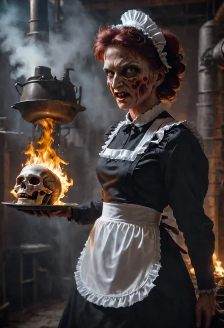 4k, Cinematic style of (Freddy Krueger:1) wearing (maid costume:1.2), holding a flaming skull on a plate, old boiler room, old pipes leaking steam, old cellar. god rays, Shallow depth of field,  vignette,  highly detailed, high res, high budget,  bokeh,  Cinemascope,  moody,  epic,  gorgeous