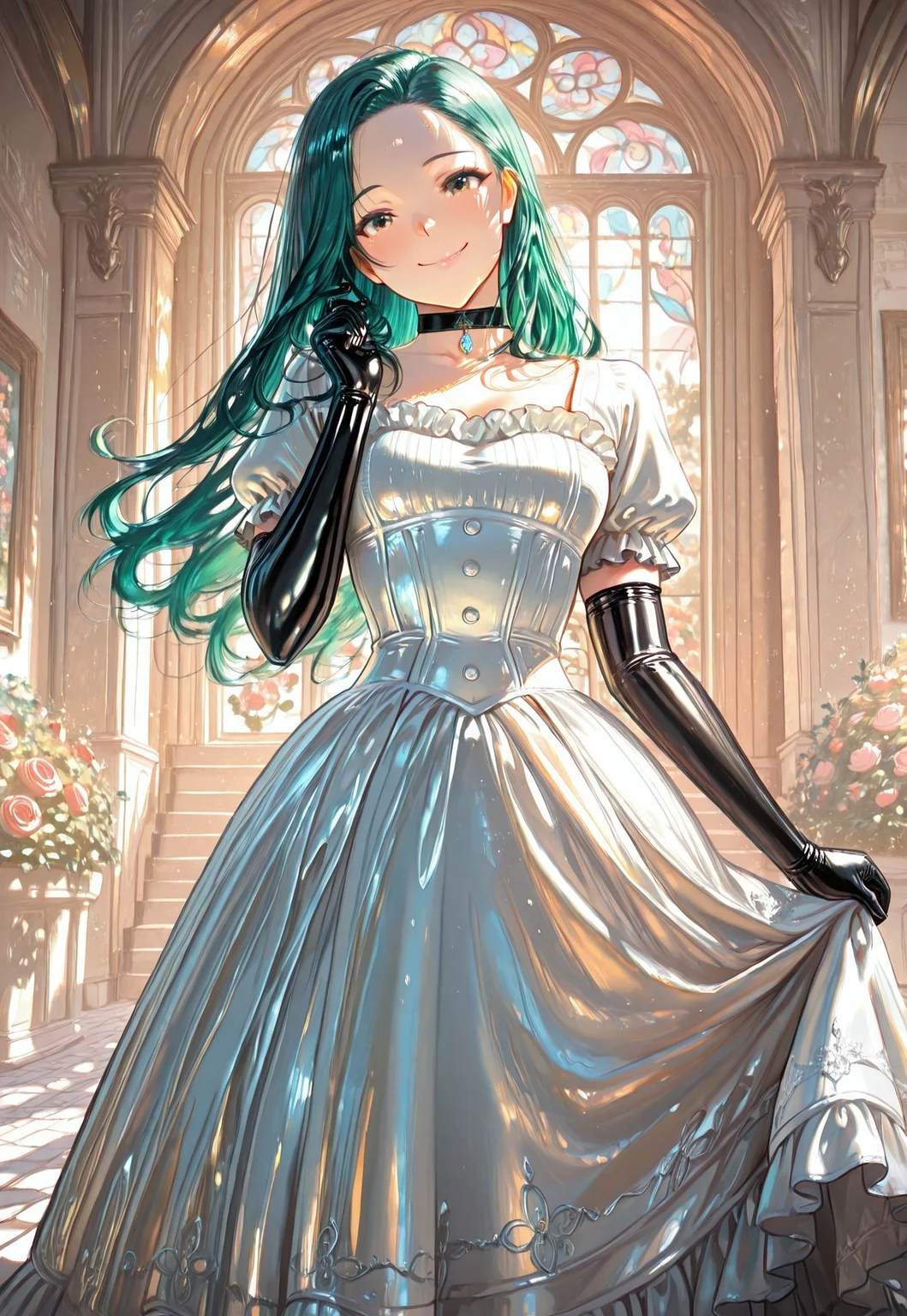 (1 girl, twirling body, spreading dress, bang, headtilt, slight happy), (white victorian frilly dress), (rose garden, european architecture manor), (low view front view), (midoriL, brown eyes, green hair, long hair, black latex elbow gloves, black choker), (masterpiece, very aware,best quality,amazing quality, painterly, very aesthetic, absurdres, high_contrast, illustration, (faux traditional media), chromatic aberration, soft colors, bright colors, (beautiful palette:1.2), (colorful:1.4), inpainting, multicolored background, photo-referenced, scene reference, night theme, Cinematic Lighting, Tyndall effect), Smooth Quality <lora:Smooth_Booster_v2:0.4> <lora:LeIsT0_style:0.5>, impactful graphics, visual impact, masterpiece, best quality, very aesthetic, absurdres, eye_focus)