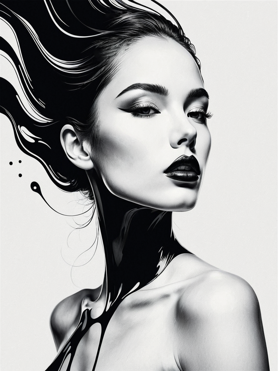 A captivating minimalistic vector art creation, portraying an abstract female figure rendered in a stunning interplay of Super Black and Tiffany ink. The fluid liquid-like appearance of the woman in a pristine white canvas exudes grace and elegance. The negative space accentuates the fluidity of her form