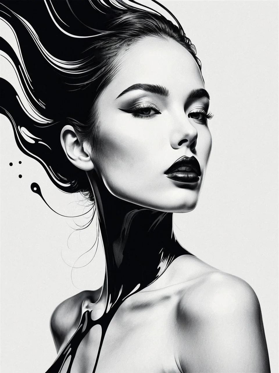 A captivating minimalistic vector art creation, portraying an abstract female figure rendered in a stunning interplay of Super Black and Tiffany ink. The fluid liquid-like appearance of the woman in a pristine white canvas exudes grace and elegance. The negative space accentuates the fluidity of her form