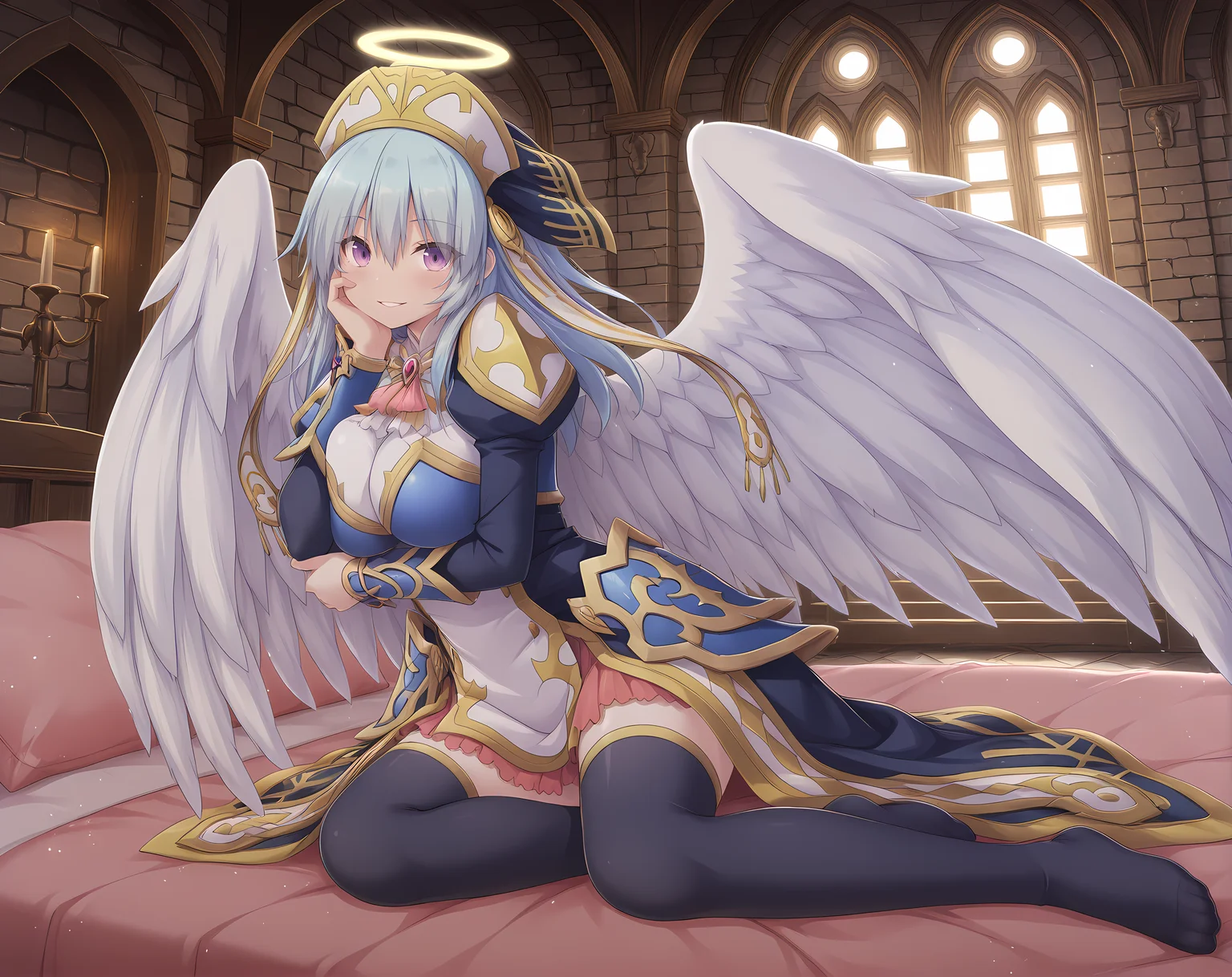 <lora:Eureshya:0.8>,eureshya,blue hair,purple eyes,angel wings,halo,hair between eyes,eyes visible through hair,large breasts,base outfit,indoors,castle,bedroom,no shoes,yokozuwari,parted lips,smile,armored dress,shoulder armor,pensive,hand on own cheek,hand on own elbow,arm under breasts,breast press,, masterpiece,best quality,amazing quality, very aesthetic, absurdres,detailed eyes,ultra-detailed,