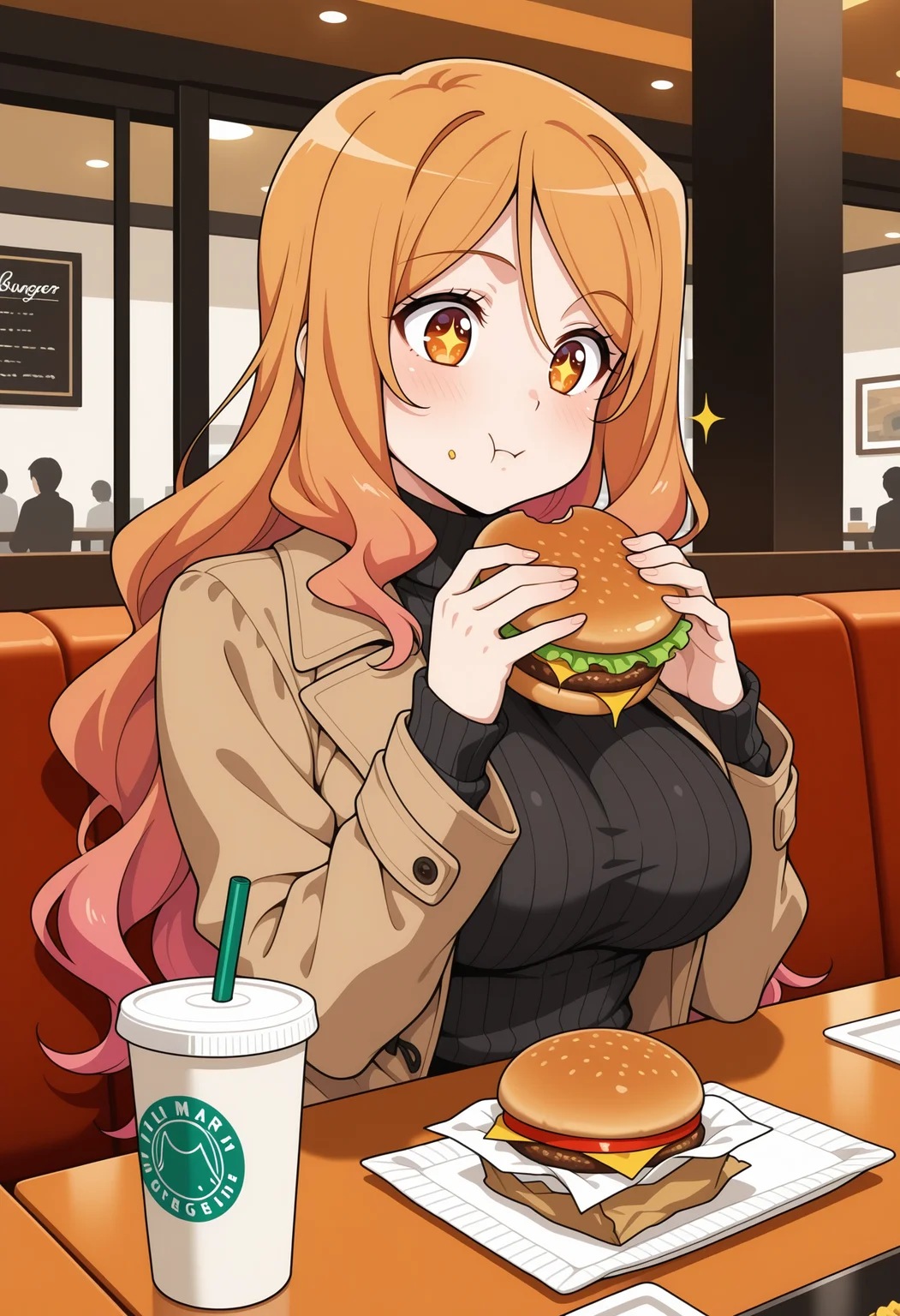 1girl,solo, long hair, gradient hair, orange hair, pink hair, orange eyes,
eating, :t, looking at food, sitting, holding food, burger, sparkling eyes, winter clothes, brown coat, open coat, long sleeves, black sweater, ribbed sweater, turtleneck sweater, large breasts, indoors, restaurant, table, disposable cup, food wrapper
,masterpiece,best quality,amazing quality,
<lora:NoobV065sHyperDmd:.5> <lora:quele_sellier_meipaws:.9>