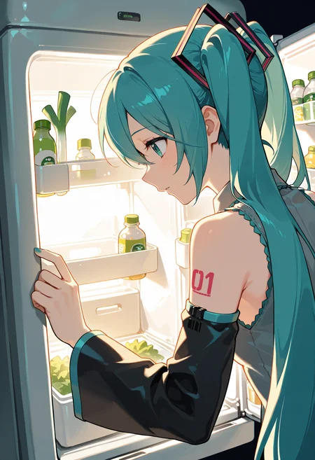 open fridge, refrigerator, solo, 1girl,dim lighting,hatsune miku,upper body,spring onion,