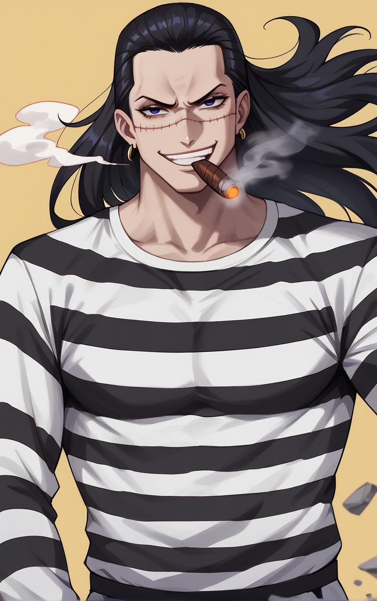 score_9, score_8_up, score_7_up, looking at viewer,  BREAK
JailOutfit_Crocodile_ownwaifu, hook,
1boy, black eyes, black hair, hair slicked back,  male focus, scar on face, single earring, scar, jewelry, earrings, long hair, 
prison clothes, cigar, smoking, stitches, smile, striped shirt, shirt, striped, grin, teeth, evil smile, long sleeves
(fighting stance, cowboy shot), yellow background, simple background, debris, <lora:PONYXL_Pre_ONEPIECE_Crocodile_ownwaifu:0.7>, depth of field, solo, Interesting Image, Captivating Image,