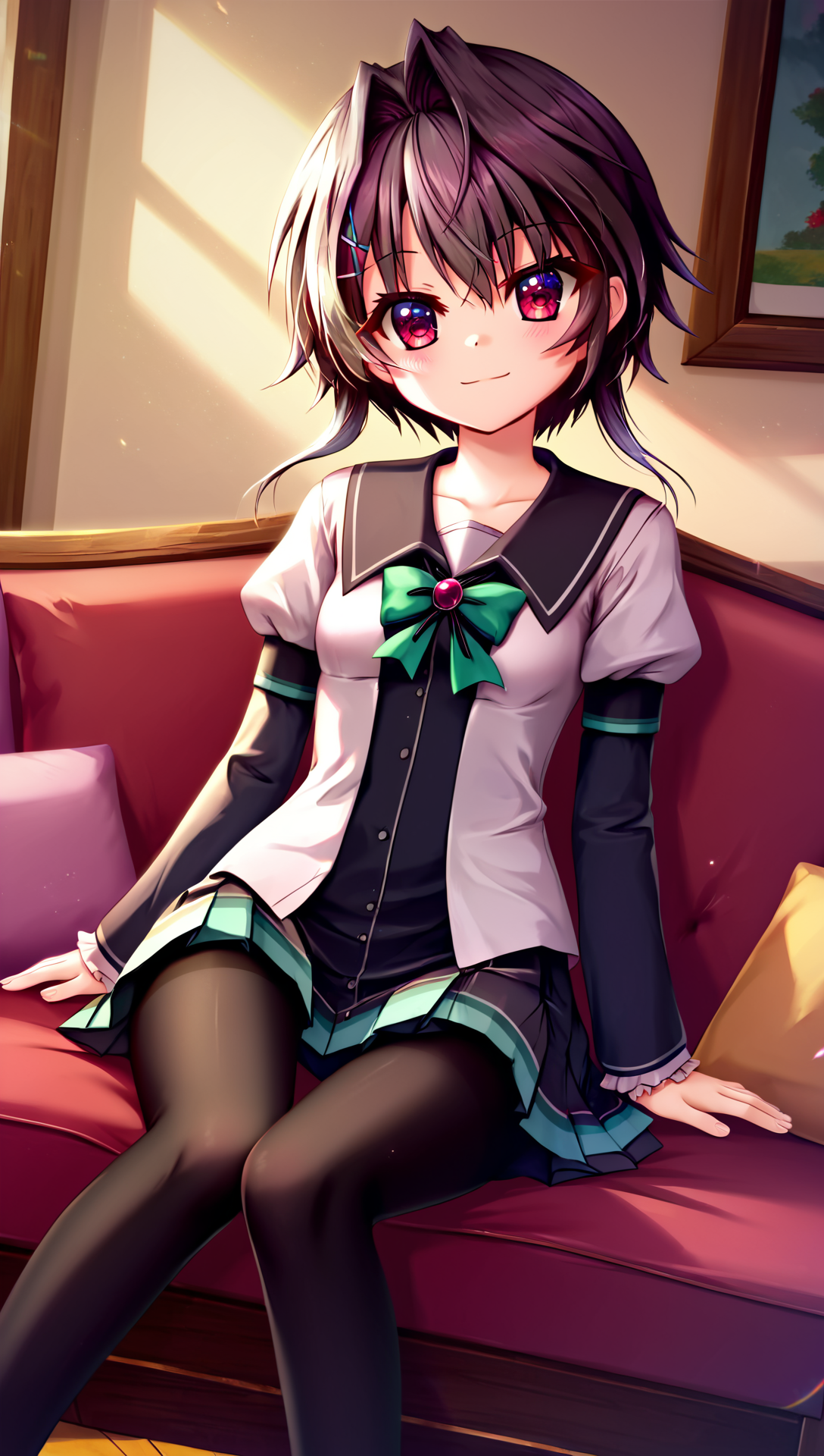 zPDXL2, rating_safe, source_anime, 4k quality, detailed background, detailed eyes, living room, sitting on couch, dutch angle, smile, looking away, <lora:yuuki-noa-xl-08:1>, yuuki noa, yukiiro school uniform, black tights, small breasts, long sleeves