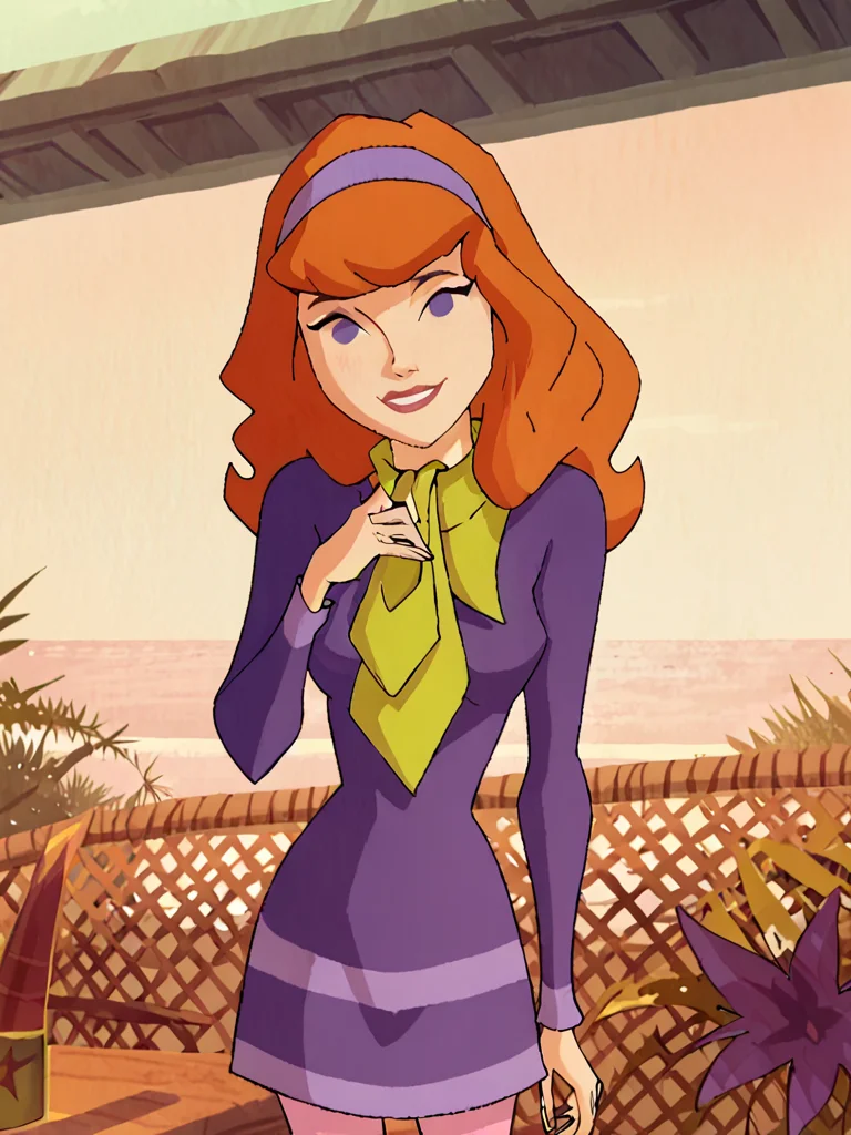 <lora:DaphneMysteryIPony1.0:1> daphneb, 1girl, solo, long hair, hairband, orange hair, purple dress, purple eyes, green scarf, smile, pink pantyhose, cowboy shot, smile, outdoors, looking at viewer, score_9, score_8_up, score_7_up, score_6_up, score_5_up, score_4_up