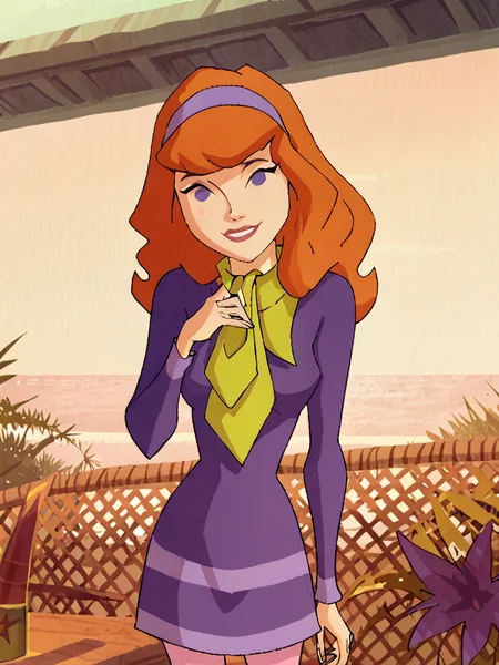 <lora:DaphneMysteryIPony1.0:1> daphneb, 1girl, solo, long hair, hairband, orange hair, purple dress, purple eyes, green scarf, smile, pink pantyhose, cowboy shot, smile, outdoors, looking at viewer, score_9, score_8_up, score_7_up, score_6_up, score_5_up, score_4_up