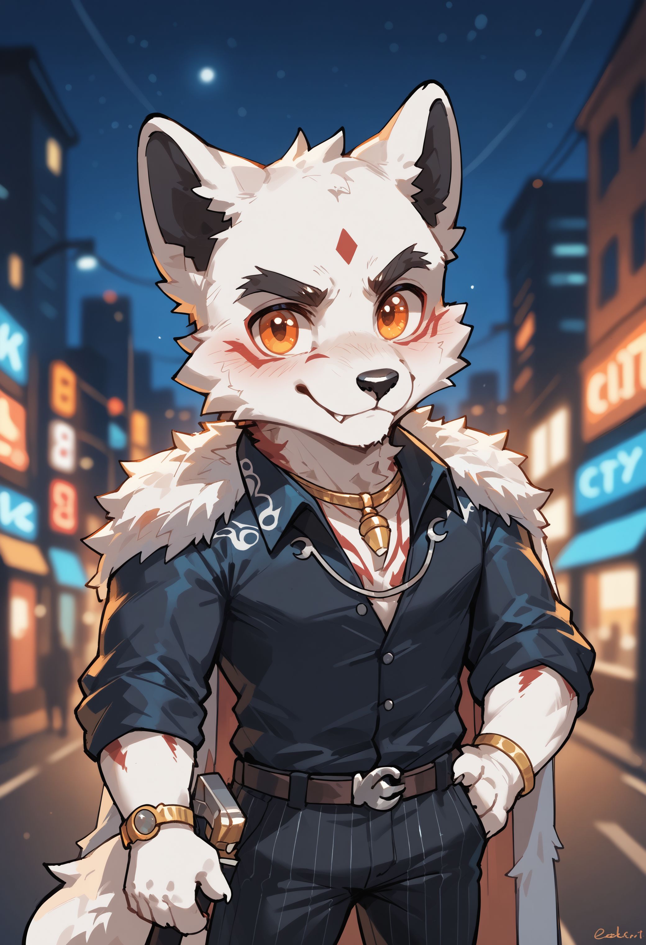 score_9, score_8_up, score_7_up, score_6_up, high res, best quality, f1etcher_k4ne, 1boy, male focus, solo, furry, furry male, orange eyes, white fur, jewelry, cute, chibi, night city, blurry background, neon glow, <lora:Fletcher_Kane_Fortnite:1>