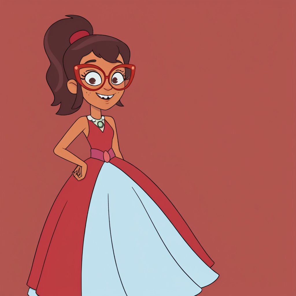 Hailey banks, 1girl, solo, young, slender, tan skin, freckles, brown hair, sidelocks, ponytail, red glasses,, Very long large straight tulle red princess ball gown hoop skirt, ball gown hoop skirt, red princess dress, hoopdress, my big princess gypsy wedding dress, ballgown, a girl in a dress posing like a princess for a picture, wearing a sleeveless ballgown, looking at viewer