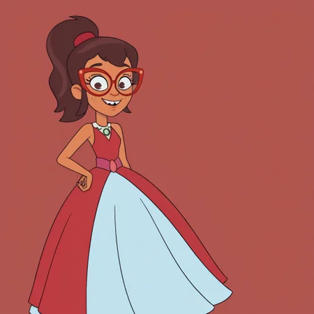 Hailey banks, 1girl, solo, young, slender, tan skin, freckles, brown hair, sidelocks, ponytail, red glasses,, Very long large straight tulle red princess ball gown hoop skirt, ball gown hoop skirt, red princess dress, hoopdress, my big princess gypsy wedding dress, ballgown, a girl in a dress posing like a princess for a picture, wearing a sleeveless ballgown, looking at viewer
