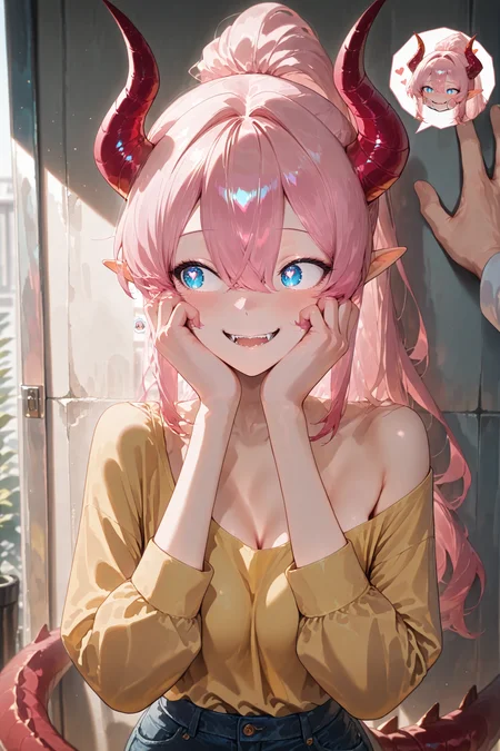 masterpiece, best quality, amazing quality, very aesthetic, absurdres, newest,highres, 1girl, solo focus, <lora:POV_Kabedon__POV_back_against_wall:0.8>, povkabedon, upper body, spoken character,
BREAK <lora:Lynn_Pink_Illustrious:0.8> Lynn Pink, blue eyes, ponytail, tail, horns, pointy ears, fangs, (((adult))) small breasts, looking to the left, sideeyes, hearts, wavy mouth, blushing, smile, own hands on cheeks,
BREAK blue enim shorts, simple yellow shirt , long sleeves, off shoulder, no bra
BREAK masterpiece, best quality, amazing quality, very aesthetic, absurdres, newest, volumetric lighting