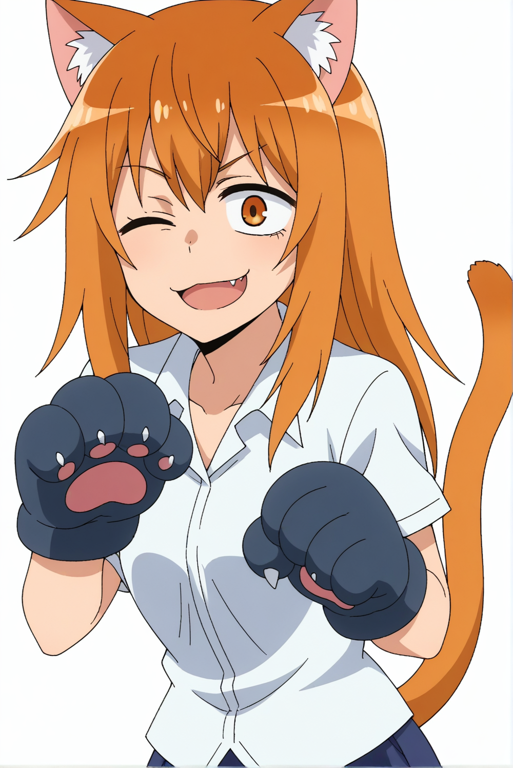 <lora:Maki_Gamou:0.8>, white background, Maki Gamou, 1girl, one eye closed, solo, animal ears, tail, white background, cat ears, cat tail, paw gloves,