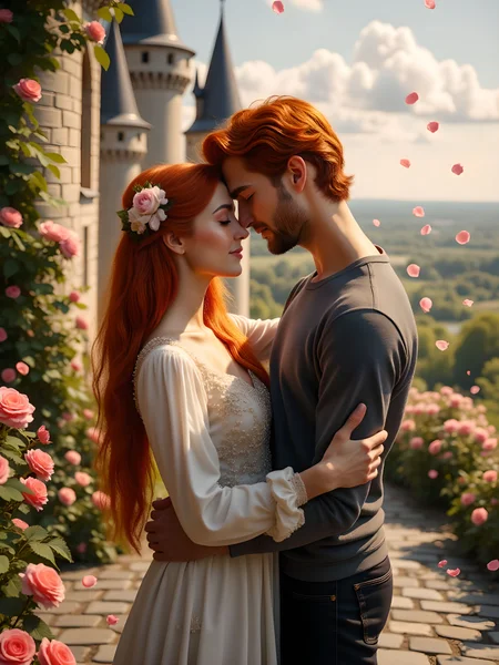 A romantic outdoor scene set against the backdrop of a grand castle with towering spires, surrounded by lush landscapes and floating petals. A man and a woman embrace tenderly, their heads touching as they share an intimate moment. The woman, with long, flowing red hair, wears a beautifully detailed dress with long raglan sleeves, adorned with delicate white and pink flowers. A hair ornament with a soft pink flower rests gently in her locks, complementing her gentle blush as she smiles with her eyes closed. The man, with vibrant orange hair, holds her close in a warm embrace. His expression is full of love and affection as he leans in, their foreheads almost touching. A soft breeze carries rose petals through the air, adding to the dreamlike atmosphere. Clouds drift lazily across the sky, casting a golden glow over the landscape, while the castle’s architecture stands proudly in the distance, its towering structure blending harmoniously with the natural surroundings. The scenery is rich with detail—flowering vines climb the stone walls of the castle, and a tranquil garden filled with roses and other blossoms stretches into the background. The couple stands on an old stone pathway, their connection deepened by the serene, magical ambiance of their surroundings. aidmaimageupgrader, aidmaMJ6.1m, detailmaximizer, mythp0rt, ne0nfant4sy, drkfnts, hkmagic, vantablack <lora:aidmaImageUpgrader-FLUX-V0.2:0.8> <lora:aidmaMJ6.1_aidmaMJ6.1-FLUX-v0.4:0.8> <lora:v1v1dr34m:0.7> <lora:aesthetic2-cdo-0.5:0.72>