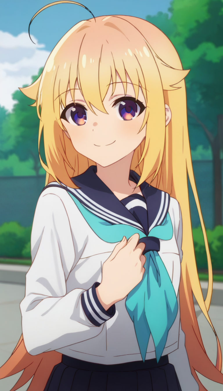 score_9,score_8_up,score_7_up,score_6_up BREAK official art,solo,outdoors,upper body,(portrait:1.5),looking at viewer,facing viewer,smile,blush,Koshi Torako,ahoge,very long hair,blonde hair,hair flaps,sidelocks,hair between eyes,bangs,purple eyes,school uniform,blue sailor collar,blue neckerchief,white shirt,long sleeves,blue skirt,pleated skirt,black socks,loafers,brown footwear,<lora:Koshi Torako(snk)-Pony:1.6>,