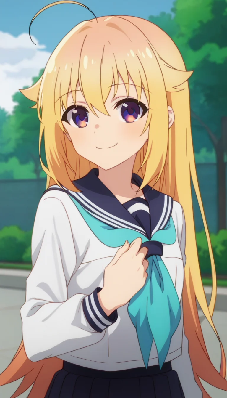 score_9,score_8_up,score_7_up,score_6_up BREAK official art,solo,outdoors,upper body,(portrait:1.5),looking at viewer,facing viewer,smile,blush,Koshi Torako,ahoge,very long hair,blonde hair,hair flaps,sidelocks,hair between eyes,bangs,purple eyes,school uniform,blue sailor collar,blue neckerchief,white shirt,long sleeves,blue skirt,pleated skirt,black socks,loafers,brown footwear,<lora:Koshi Torako(snk)-Pony:1.6>,