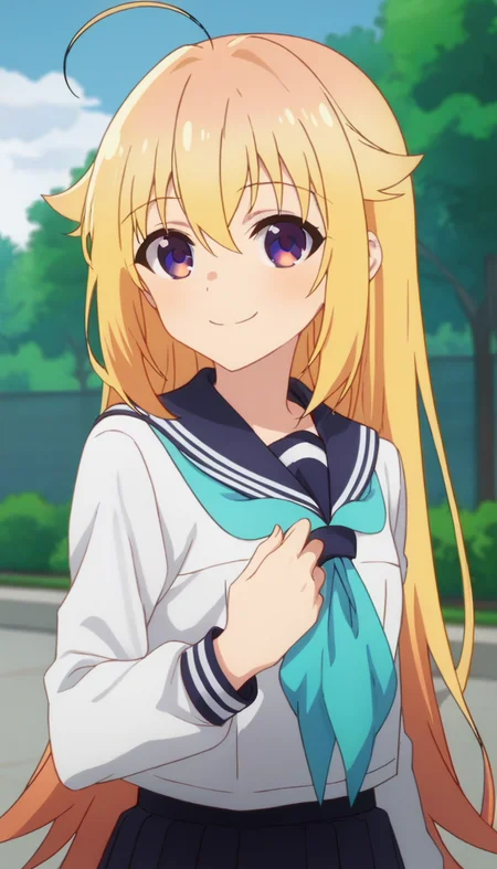 score_9,score_8_up,score_7_up,score_6_up BREAK official art,solo,outdoors,upper body,(portrait:1.5),looking at viewer,facing viewer,smile,blush,Koshi Torako,ahoge,very long hair,blonde hair,hair flaps,sidelocks,hair between eyes,bangs,purple eyes,school uniform,blue sailor collar,blue neckerchief,white shirt,long sleeves,blue skirt,pleated skirt,black socks,loafers,brown footwear,<lora:Koshi Torako(snk)-Pony:1.6>,