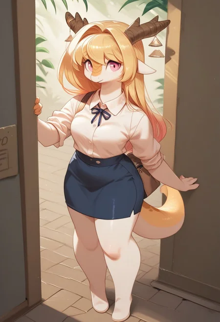 (ultra realistic, 32k, masterpiece:1.2), (high detailed skin:1.1), (high quality:1.1), source_furry,   <lora:add-detail-xl:.5>, Anthro,  smooth image,  score_7_up, score_8_up,score_9,perfect quality, masterpiece,dragon girl full body,medium breasts, cute looking at viewer,wearing skirt,blouse,soft pink eyes,white skin,Slim body,thick legs,tall, nose scalies,Brown horns,mogal,
