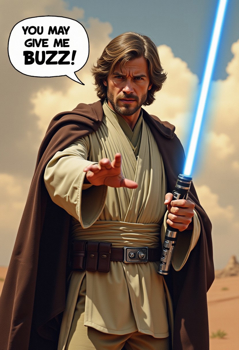 A realistic scene with a jedi with blue light saber says in a large speech bubble ‘You may give me BUZZ!’. The font fits the star wars franchise. The man is Luke Skywalker. He wears a beige worn out jedi outfit with and a brown cloak and black hand shoes. The hood is over his head. His expression shows determination as he has the light light saber in his right hand. His left hand is closer to the viewer, reaching out to us. He reaches out with his left hand towards the viewer as if he wanted to force choke the viewer. The scene is set on Bespin, with clouds and sunset in background.