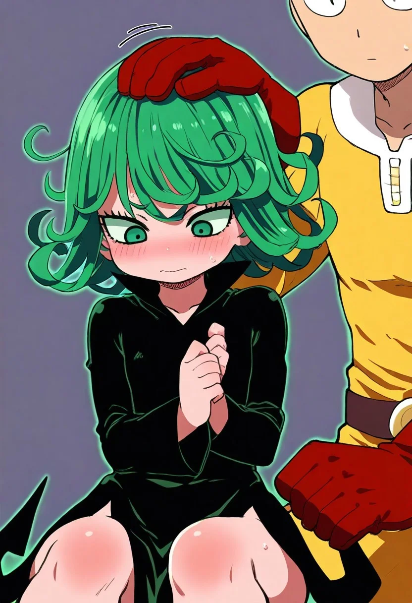 long hair, blush, sitting, head pat, (red glove, saitama's hand),
zzTatsumaki, green eyes, green hair, black dress,
blush, looking down, embarrassed,