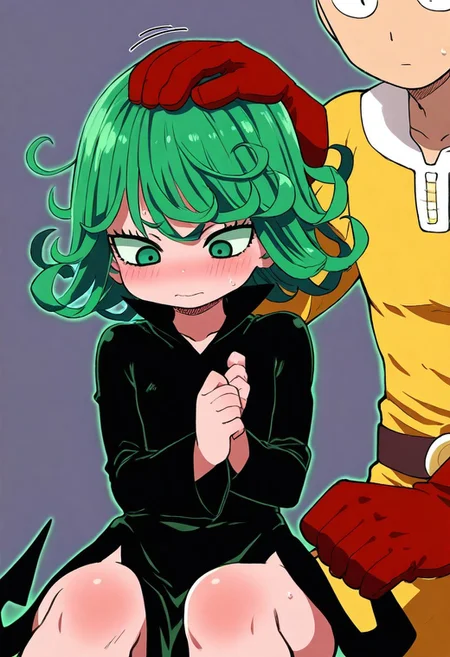 long hair, blush, sitting, head pat, (red glove, saitama's hand),
zzTatsumaki, green eyes, green hair, black dress,
blush, looking down, embarrassed,
