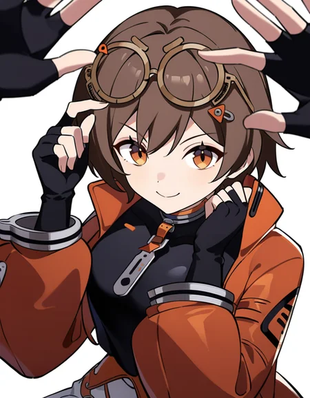 masterpiece,best quality,very aesthetic,absurdres,
<lora:qianqiu_xl:0.8>,(anotherstyle4:1.2),felllowmoon-qianqiu,1girl,solo,gloves,orange jacket,brown hair,fingerless gloves,jacket,black gloves,smile,eyewear on head,white background,orange eyes,shirt,black shirt,looking at viewer,