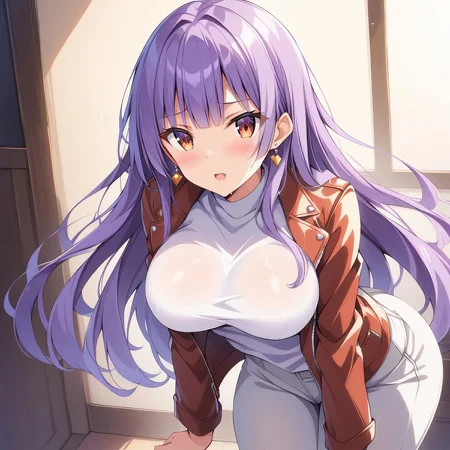score_9, score_8_up, score_7_up, source_anime BREAK,《masterpiece》, 《best quality》, 《ultra-detailed》, ((very high quality and very detailed quality, high lighting)), ((very high detail 8k, hyper-realistic lighting and detailed 4k, extremely detailed anime-style shadow contrast)), expressive eyes, perfect face, (solo),
1girl, purple hair, shorter bangs styled in a hime cut, long hair, brown eyes, large breasts, wide hips, (white short t-shirt, leather jacket), ((white jeans, red boots)), jewelry, earrings,