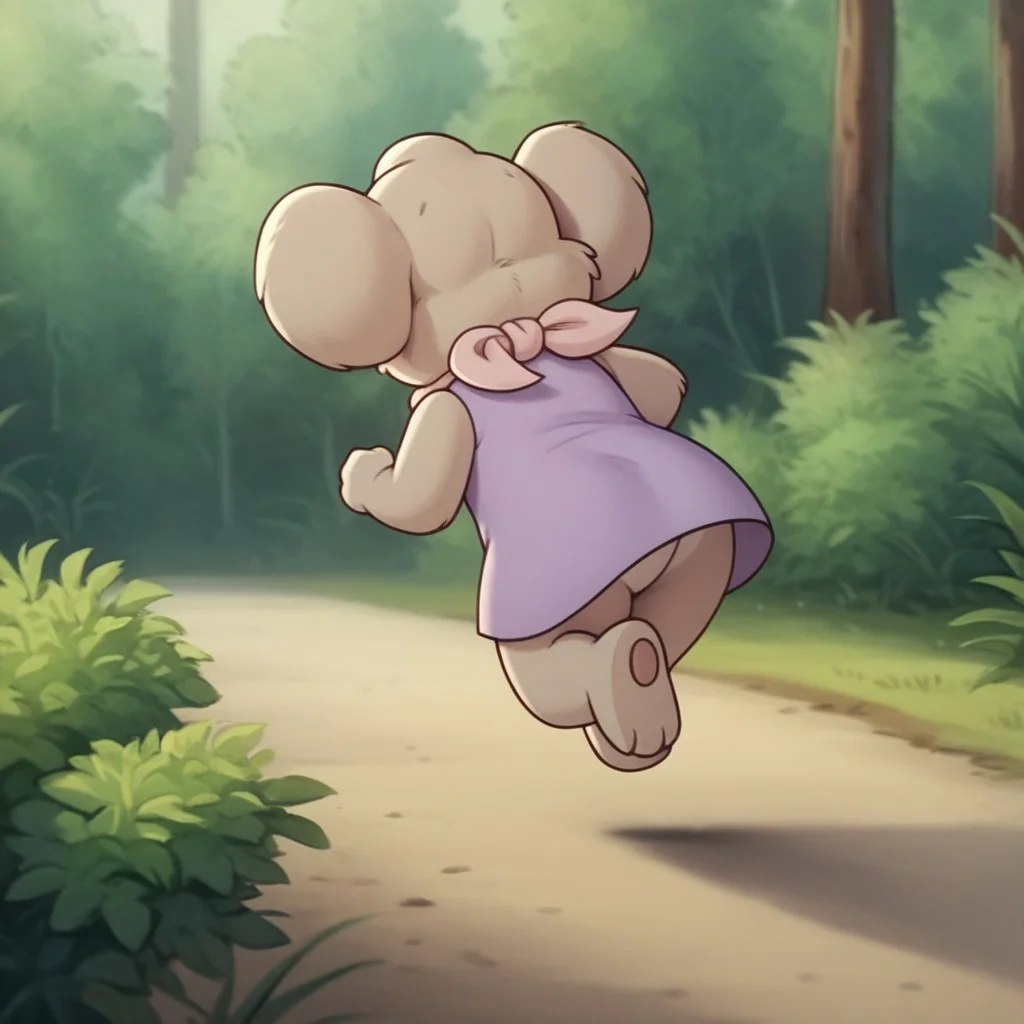 score_9, score_8_up, score_7_up, score_6_up, score_5_up, score_4_up, source_furry, Nutsybbv2, semi-anthro, female, Koala, tan fur, purple dress, pink neckerchief, running, from behind, forest