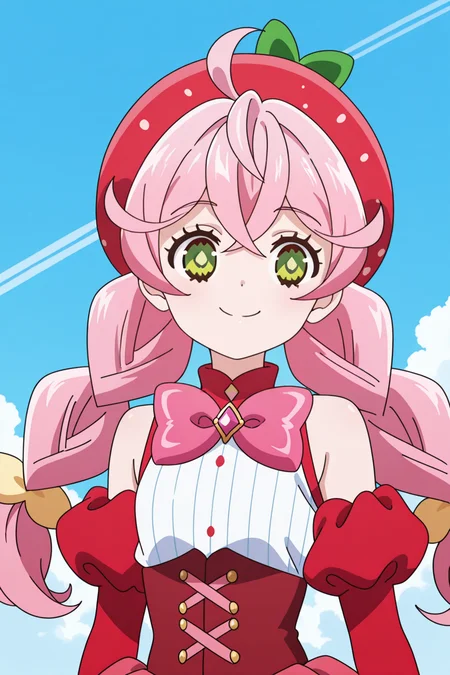 <lora:AcroTrip:1>, AcroTrip, 1girl, pink hair, solo, braid, bow, twin braids, hat, long hair, detached sleeves, green eyes, magical girl, bowtie, red headwear, ahoge, red sleeves, corset, smile, pink bow, shirt, puffy sleeves, hair between eyes, long sleeves, sleeveless, beret, pink bowtie, twintails, white shirt, outdoors, sky,