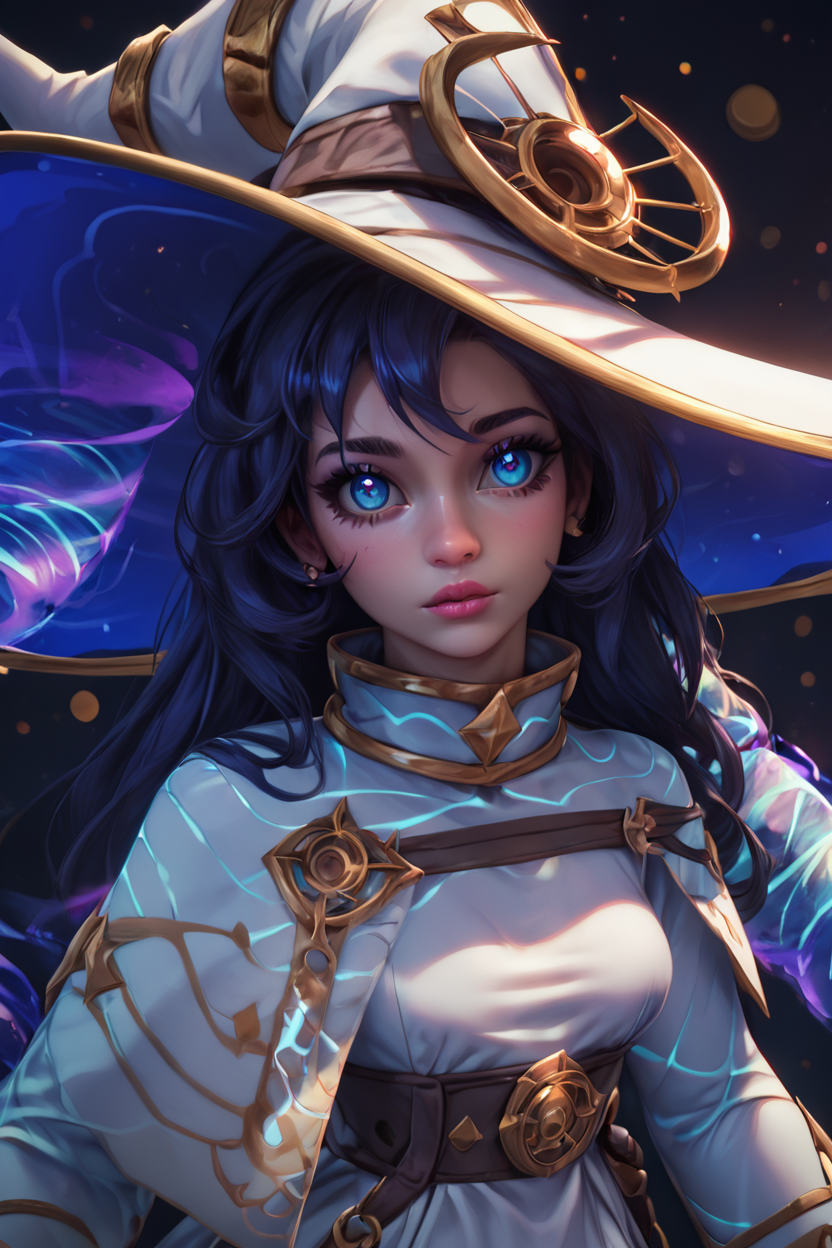 score_9, score_8_up, score_8, medium breasts, (curvy), cute, eyelashes,       BREAK, , ,,,   zzYstra, blue eyes, black hair, long hair,  hat, long sleeves, witch hat, dress, blue hair, white dress,  <lora:Ystra_AstralWitch_AlexisPflaum_PDXL:1.0>, ,,,, BREAK,  (ultra realistic,32k, masterpiece:1.2),(high detailed skin:1.1),( high quality:1.1), head tilt, lips, closed mouth, shiny clothes, (upper body), looking at viewer, bokeh, luminescent background, ,,, embedding:zPDXL, Expressiveh, ,,, <lora:RlAnmPDXL:1.0>,