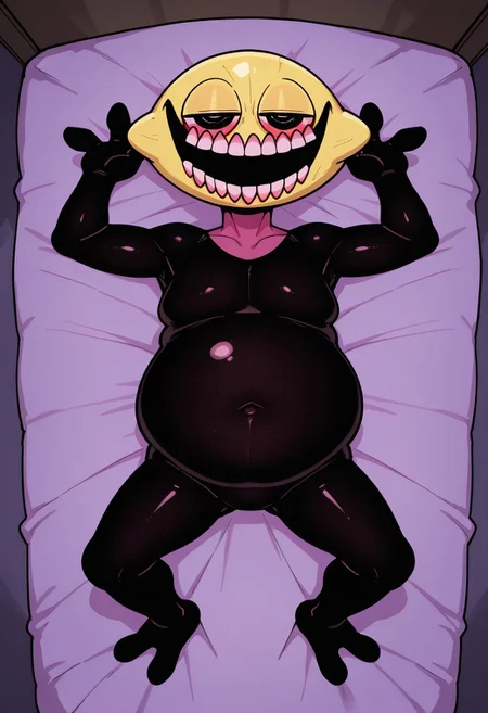 monster_fnf, monster, demon, lemon shaped head, yellow head, violet pink neck, black body, black skin, textured body, 2 fingers on each hand, 2 toes on each foot, bloodshot eyes, exposed teeth, teeth, big eyes, big pupils, chubby, belly, fat belly, navel, moobs, solo, full body, standing, no humans, open mouth, looking at viewer, male, 1boy, solo male, on back, laying on bed, bed, aerial view, posing, half lidded eyes, sprawled out, featureless crotch, volumetric lighting, perfect lighting, masterpiece, amazing quality, ultra-detailed, no humans, male focus, half lidded eyes, smug