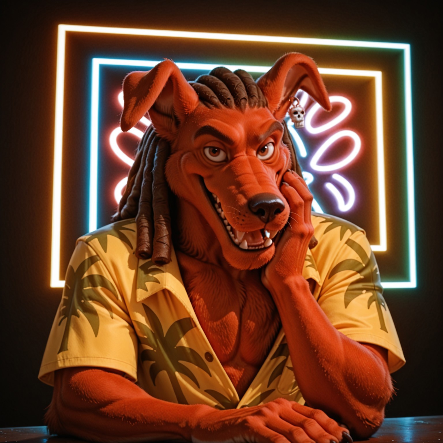masterpiece, ultra detailed, amazing quality, absurdres, very aesthetic, photorealistic, kftenhance, no humans, solo, male focus, furry male, 1boy, portrait, upper body, 
d_w0lf_mon, red fur, red body, body fur, elbow tuft, brown hair, dreadlocks, brown eyes, long snout, black nose, single earring, skull earring, smile, fangs, looking at viewer, open mouth, tongue, teeth, facial hair, chin tuft, mature male, droopy ears, muscular, chest tuft, pectoral cleavage, yellow shirt, collared shirt, hawaiian shirt, palm tree print, short sleeves, hand up, hand on own neck, rubbing neck, leaning, arm support, arm rest, partially unbuttoned, close-up, finger claws, tail, perfect hands, 5 fingers, handsome, masculine, expressive, 
BREAK 
rainbow background, dark, psychedelic background, perfect lighting, shadow, pov, g0th1c, glowing, neon lights,