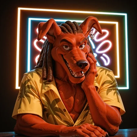 masterpiece, ultra detailed, amazing quality, absurdres, very aesthetic, photorealistic, kftenhance, no humans, solo, male focus, furry male, 1boy, portrait, upper body, 
d_w0lf_mon, red fur, red body, body fur, elbow tuft, brown hair, dreadlocks, brown eyes, long snout, black nose, single earring, skull earring, smile, fangs, looking at viewer, open mouth, tongue, teeth, facial hair, chin tuft, mature male, droopy ears, muscular, chest tuft, pectoral cleavage, yellow shirt, collared shirt, hawaiian shirt, palm tree print, short sleeves, hand up, hand on own neck, rubbing neck, leaning, arm support, arm rest, partially unbuttoned, close-up, finger claws, tail, perfect hands, 5 fingers, handsome, masculine, expressive, 
BREAK 
rainbow background, dark, psychedelic background, perfect lighting, shadow, pov, g0th1c, glowing, neon lights,