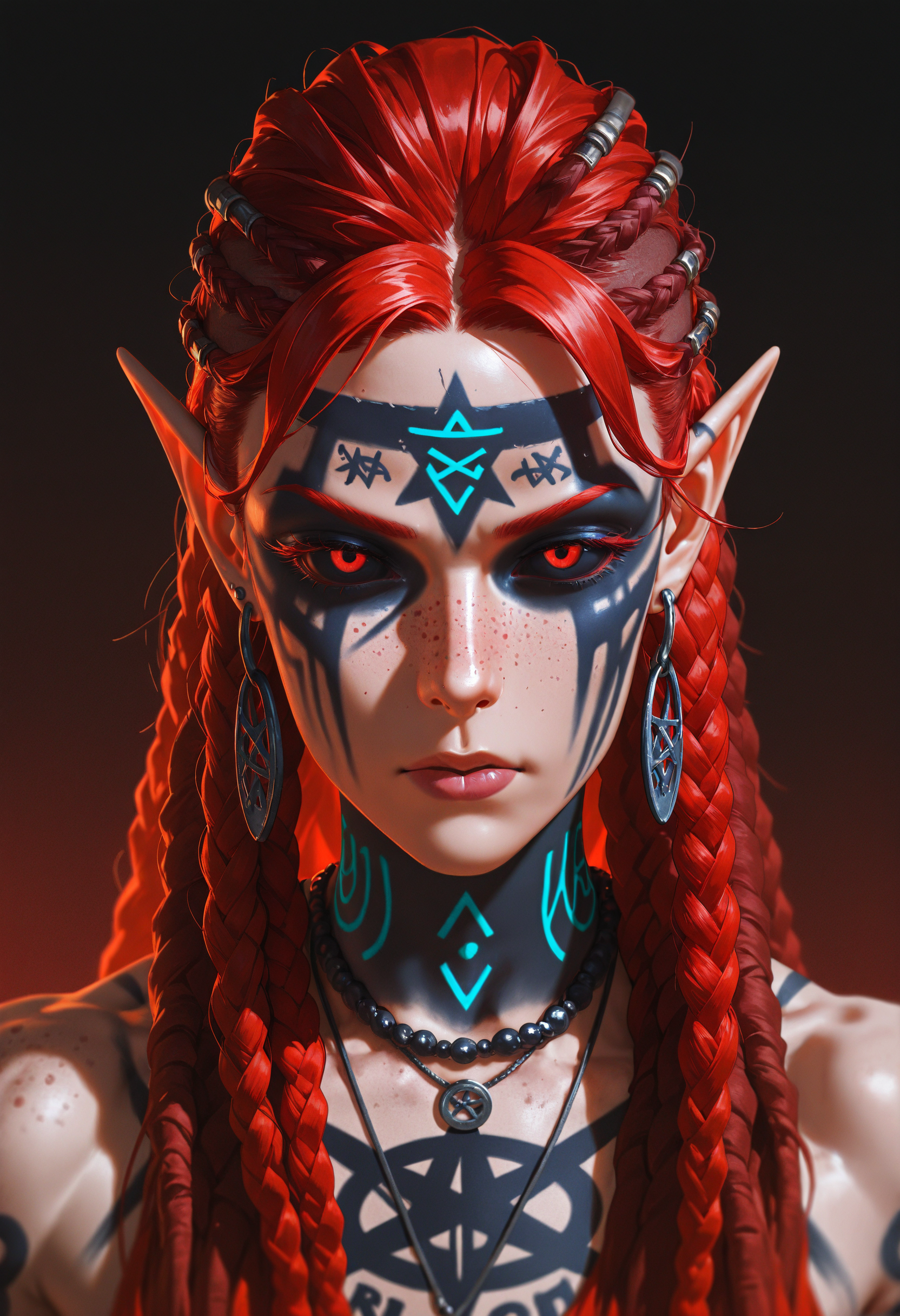(high_quality, newest, incredibly_absurdres, very aesthetic, zbrush_\(artwork\), digital_painting_\(artwork\), flat_colors, anime_coloring)
(HVC-Illu, serious, seductive, lips, solo, runes facial tattoos, (black facepaint), bloody, bloody_face, black_sclera, mature_female, muscular, 1girl, dreadlocks, jewelry, neck_tattoo,, freckles, pointy ears, red hair, looking at viewer, dirty_face, hair_intakes, braid, necklace, black eyes, pentagram, portrait, long hair, earrings)