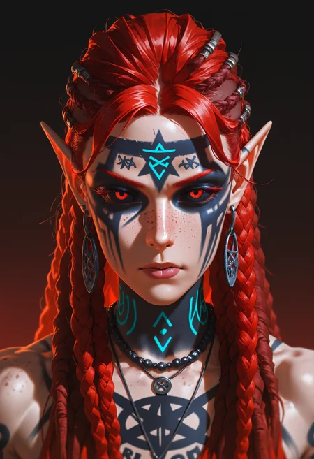 (high_quality, newest, incredibly_absurdres, very aesthetic, zbrush_\(artwork\), digital_painting_\(artwork\), flat_colors, anime_coloring)
(HVC-Illu, serious, seductive, lips, solo, runes facial tattoos, (black facepaint), bloody, bloody_face, black_sclera, mature_female, muscular, 1girl, dreadlocks, jewelry, neck_tattoo,, freckles, pointy ears, red hair, looking at viewer, dirty_face, hair_intakes, braid, necklace, black eyes, pentagram, portrait, long hair, earrings)