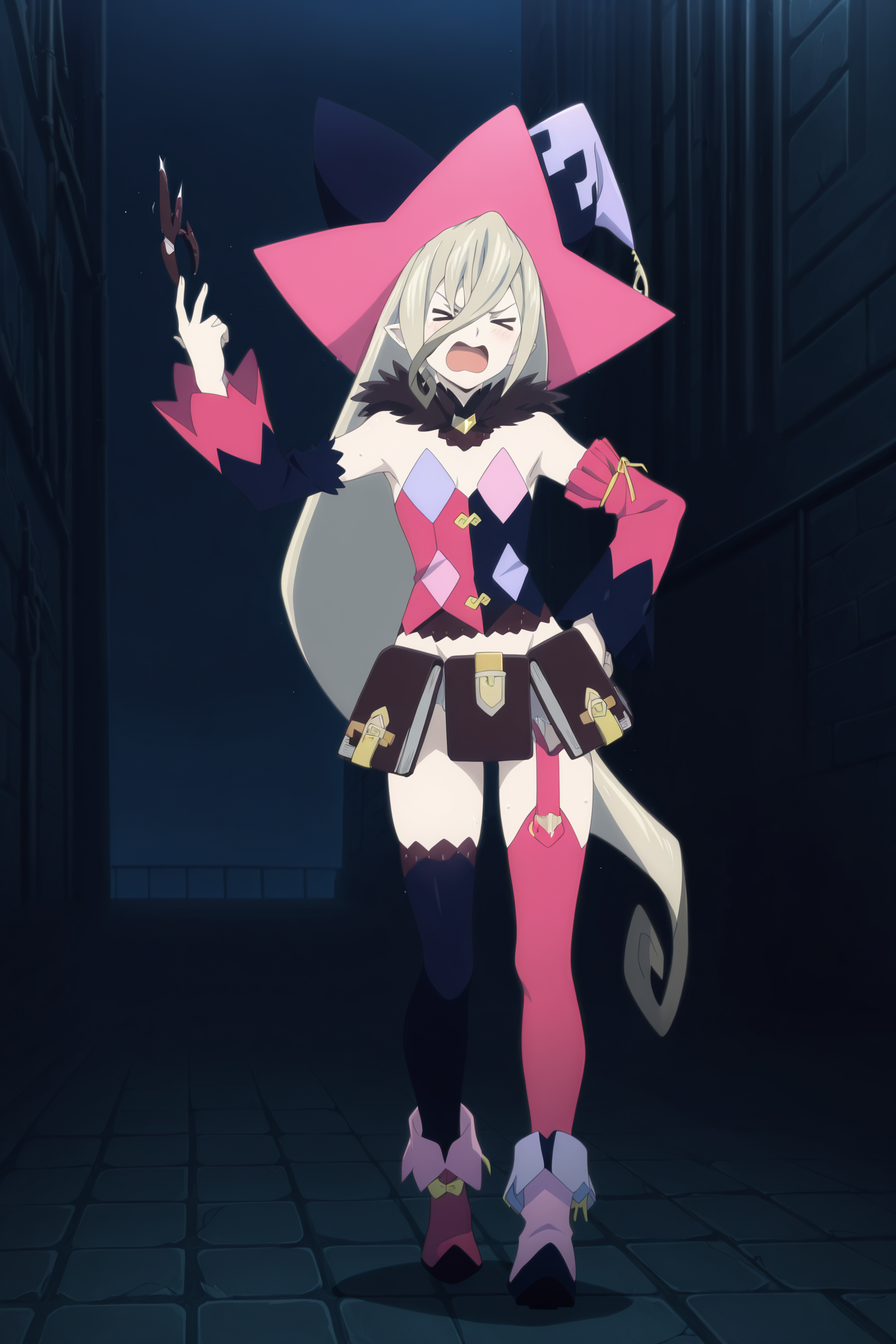 anime screencap, anime coloring, detailed face, masterpiece, best quality, very aesthetic, absurdres, volumetric lighting, official style, amazing quality, ultra detailed,  highres, amazing quality, scenery, beautiful detailed hair, beautiful detailed eyes,
<lora:StS-Illustrious-Detail-Slider-v1.0:4>
<lora:Magilou_Tales_of_Berseria:1>
Magilou (character), 1girl, solo, hat, asymmetrical sleeves, long hair, pink sleeves, >_<, detached sleeves, witch hat, black sleeves, mismatched sleeves, asymmetrical legwear, open mouth, very long hair, closed eyes, full body, one footwear is light than the other
 lazyhand  lazypos