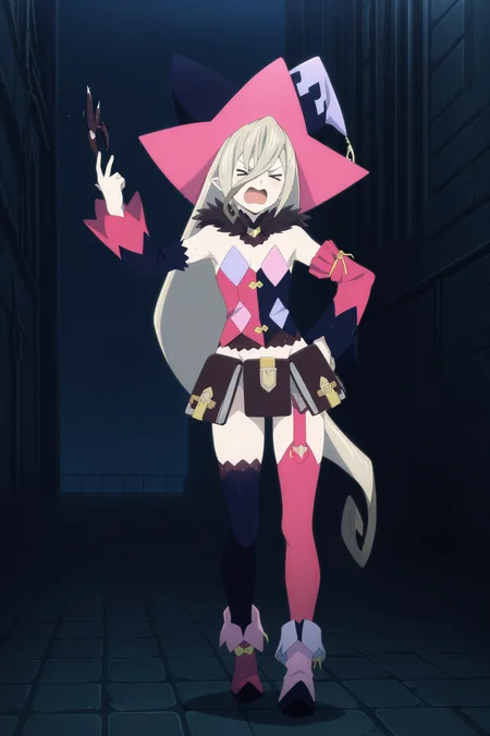 anime screencap, anime coloring, detailed face, masterpiece, best quality, very aesthetic, absurdres, volumetric lighting, official style, amazing quality, ultra detailed,  highres, amazing quality, scenery, beautiful detailed hair, beautiful detailed eyes,
<lora:StS-Illustrious-Detail-Slider-v1.0:4>
<lora:Magilou_Tales_of_Berseria:1>
Magilou (character), 1girl, solo, hat, asymmetrical sleeves, long hair, pink sleeves, >_<, detached sleeves, witch hat, black sleeves, mismatched sleeves, asymmetrical legwear, open mouth, very long hair, closed eyes, full body, one footwear is light than the other
 lazyhand  lazypos