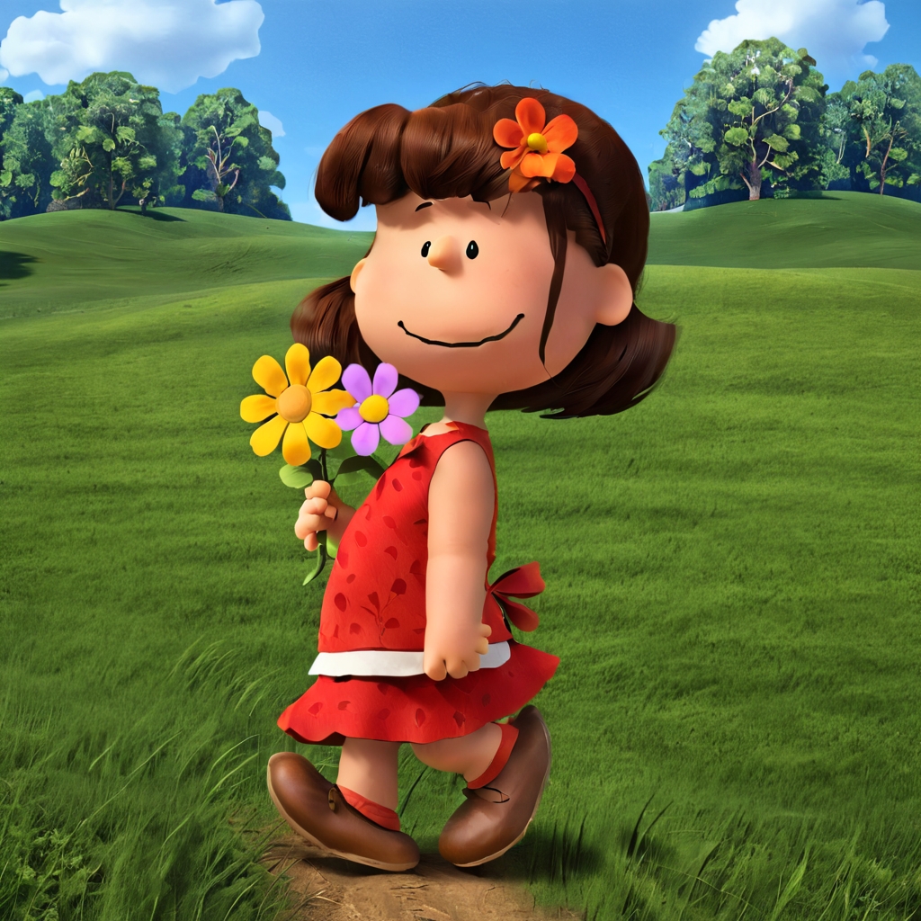 pampeanut girl, walking on a meadow, carrying a flower, 3d