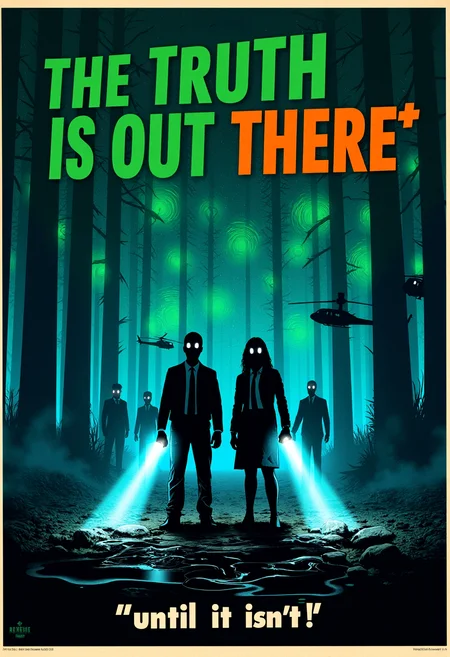 REME's War Poster Style: FBI Agent Fox Mulder and Agent Dana Skuly with flashlights that have prominent beams illuminating the scene. Above them, swirling green dots fill the nighttime sky in a redwood forest. Black viscous oil pools on the ground in front of them. Bold capital letters in deep green and orange at the top of the poster read: "THE TRUTH IS OUT THERE*". Below, smaller text reads: "*until it isn't!". The background shows a dense forest canopy with silhouettes of more black figures with glowing white eyes and black helicopters. The colour palette mixes blues, greens, dusty browns, and bold green and orange warning text, creating a sense of both danger and resolve. <lora:REMEs_War_Poster_Style:1>