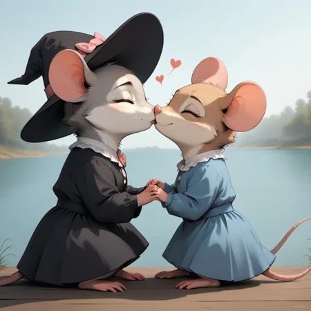 score_9, score_8_up, score_7_up, score_6_up,
m0use_goldie, 2girls, duo, kissing, cute, hearts, roses, (eyes closed:1.2), 1 girl,
(white frilly shirt, blue skirt, grey fur), (mouse tail), (cute:1), (feral:1.5), sitting, outdoors, (lake, water:1.3), side view, pier, (haze:2), looking back, feet in the water, 1 girl, brown fur, fluffy fur, brown body, mouse ears, black robe, cute, romantic, witch hat, pink bow, ears through hat