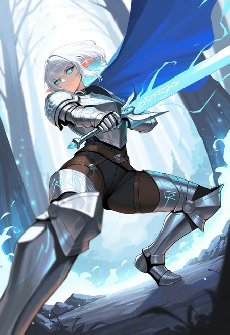 score_9, score_8_up, score_7_up, breathtaking, masterpiece, best quality, newest, absurdres, highres, embedding:lazypos, 1girl, solo, elf, long silver hair, glowing blue eyes, intricate silver armor, enchanted sword, battle-ready stance, flowing blue cape, delicate elven features, ornate pauldrons, magical runes, moonlit forest, mystical aura, soft ethereal glow, fantasy setting, detailed background, depth of field, dynamic pose, dramatic composition, foreshortening, detailed background, dynamic pose, dynamic composition,dutch angle, detailed backgroud,foreshortening,blurry edges, by saniiwan, by abbey and bear