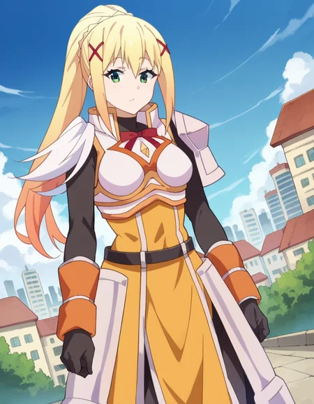 score_9, score_8_up, score_7_up, source_anime,
lalatinadustinessford, <lora:lalatina-dustiness-ford-s2-ponyxl-lora-nochekaiser:1>,
darkness \(konosuba\), long hair, green eyes, blonde hair, hair ornament, ponytail, braid, x hair ornament,
gloves, armor, bodysuit, shoulder armor, armored dress,
outdoors, cityscape,
looking at viewer, dutch angle, cowboy shot,