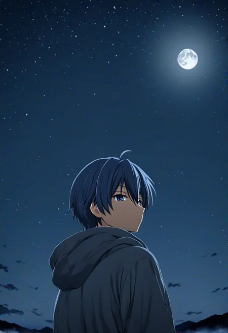 high resolution, solo, best quality, 1Boy, Tomoya Okazaki, Grey Blue Hair, open space, night sky, moon, OverallDetail