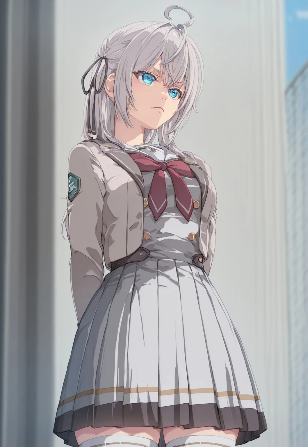 Masterpiece, best quality, ultra-detailed, expressive, outdoor background, anime, anime, anime, anime, 1girl, Allisa, solo, blue eyes, grey hair, ahoge,, school uniform, dark grey pleated dress, grey jacket, white thighhighs, hair ribbon,