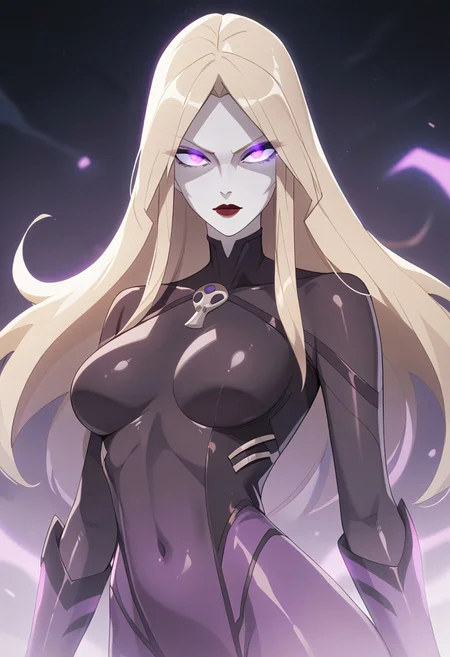 score_9, score_8_up, score_7_up, score_6_up, c1ca, 1girl, blonde hair, gray hair, blonde hair, long hair, sidelocks, pale skin, cheekbones, red lips, purple eyes, glowing eyes, purple glow, purple theme, ruanyi1046,black bodysuit,shiny clothes,skin tight,41L353iDK0N4, 