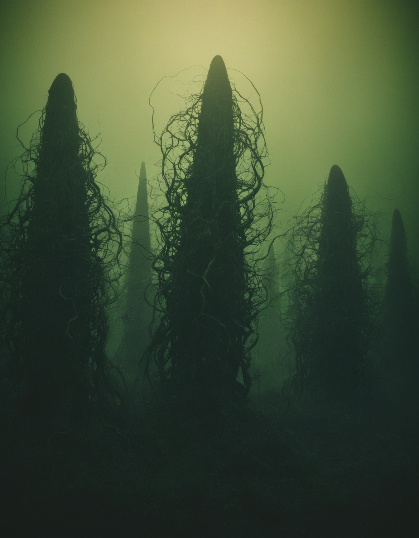 inspired by H.R. Giger, hyper realistic and  highly detailed  35mm photo of a bizarre dark alien landscape, glowing biomorphic bioluminescent trees and plants, on a distant otherworldly planet,  black night sky, faded colors, atmospheric haze, shot on polaroid film, movie still,  black, dark, dramatic, masterful, bold lines, limited color palette, high contrast, depth of field, bokeh, (intricate details, masterpiece, best quality:1.4), 
<lora:- SDXL - vntblk_vanta_shapes_V1.0:0.8>