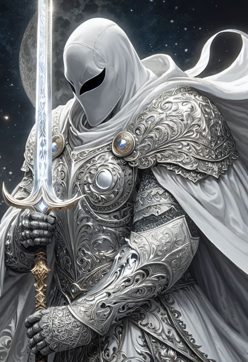 A closeup of fantastical image of a moon knight, clad in flowing, flowing robes, wielding an ornate, ornate blade. Their eyes are filled with power and determination, as they wield the sword in a fluid, dynamic motion. The moon's reflection highlights their magical power