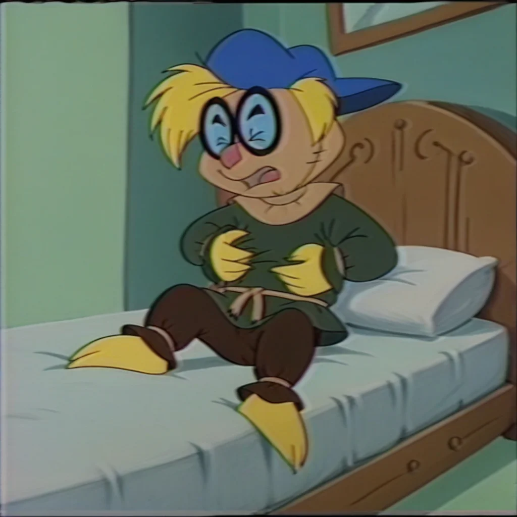 score_9_up, score_8_up, BREAK, scarecrowjr, scarecrow, closed eyes, male child, glasses, anthro, yellow straw body, blue hat, green shirt, male focus, full body, brown pants, blonde hair, solo, 1boy, retro, (itching), bedroom, mattress, <lora:Scarecrow_Jr._Oz_Kids:1>